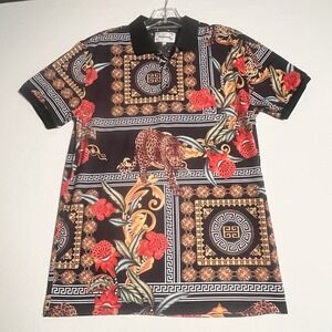 Ace Of Diamond Black And Gold Men's Polo Shirt M Leopard Floral Ornate Baroque